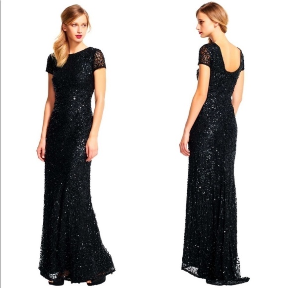 NEW Adrianna Papell Scoop Back Sequin Gown In Black sz 2P - Picture 1 of 13